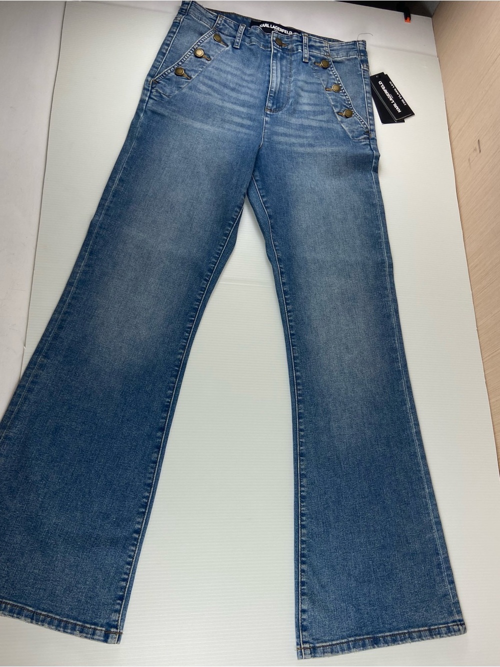 Karl Lagerfeld Medium Blue Flare Jeans with Button Accents
